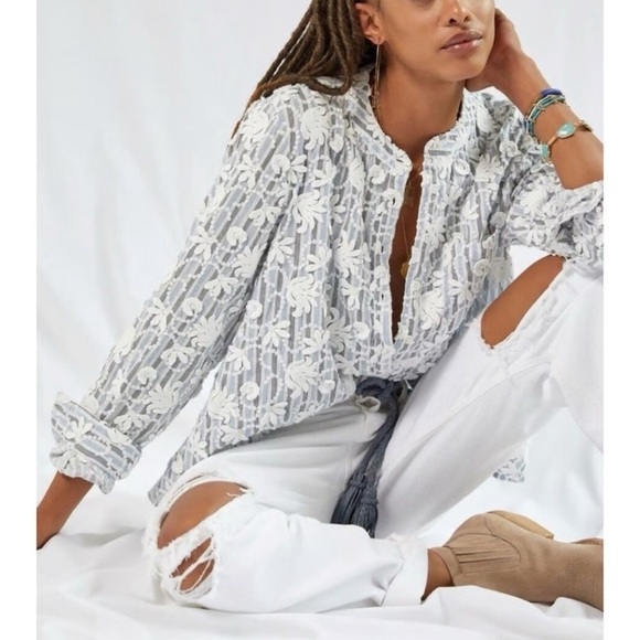 Pilcro THE WHITNEY TRAPEZE STRIPED FLORAL BUTTON Top IVORY - Picture 4 of 12